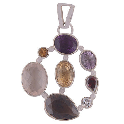 Beautiful Eight Stone Designed Amethyst,Garnet,Citrine,Smoky Topaz,Rose Quartz,White Cubic Zirconia Irregular Shape 925 Sterling Solid Silver Pendant - R8400051-7