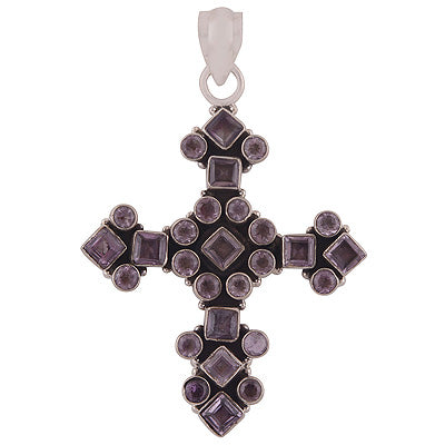 Beautiful Cross Charm Loaded With Gemstones Amethyst Round,Square Shape 925 Sterling Solid Silver Pendant - R8400052-10