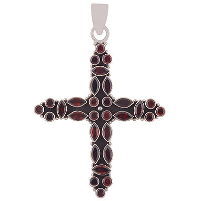 Appealing Cross Charm With Gemstones Garnet Round,Marquise Shape 925 Sterling Solid Silver Pendant - R8400052-15