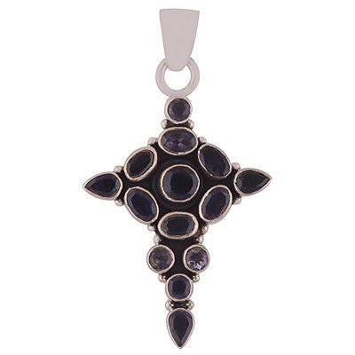 Cross Charm Loaded with Gemstones Iolite Irregular Shape 925 Sterling Solid Silver Pendant - R8400052-18