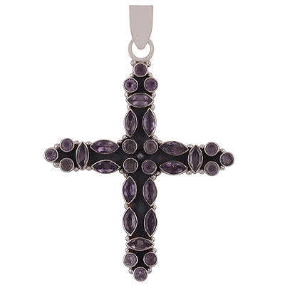 Appealing Cross Charm With Gemstones Amethyst Round,Marquise Shape 925 Sterling Solid Silver Pendant - R8400052-29