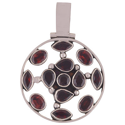 Beautiful Gemstone Cluster Around Garnet Irregular Shape 925 Sterling Solid Silver Pendant - R8400053-15