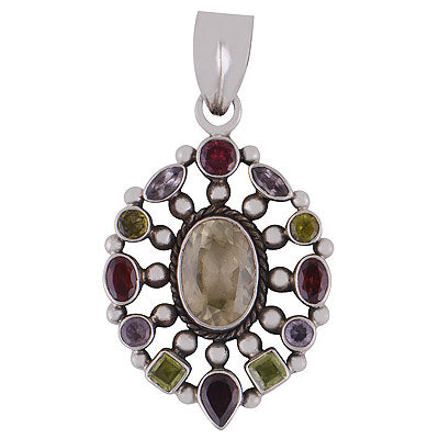 Alluring Multicoloured Vintage Pendant Amethyst,Garnet,Peridot,Lemon Topaz Irregular Shape 925 Sterling Solid Silver Pendant - R8400053-22