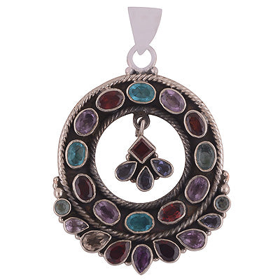 Ravishing Gemstone Cluster Amethyst,Garnet,Citrine,Blue Topaz,Iolite Irregular Shape 925 Sterling Solid Silver Pendant - R8400053-9