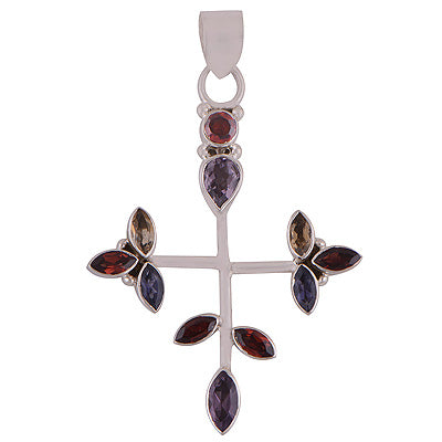 Beautiful Cluster of Gemstones Amethyst,Garnet,Citrine,Iolite Irregular Shape 925 Sterling Solid Silver Pendant - R8400054-12
