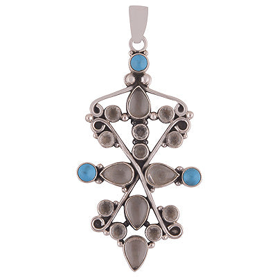 Beautiful Gemstone Cluster Turquoise,Crystal, Pear,Round Shape 925 Sterling Solid Silver Pendant - R8400054-26