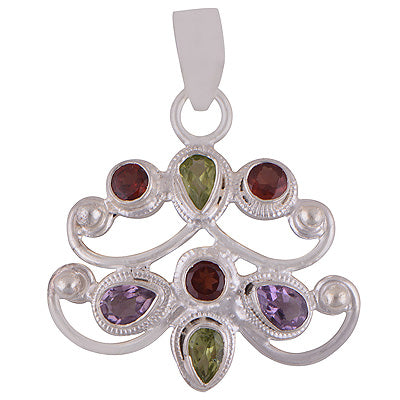 Beautiful Seven Stone Designed Amethyst,Garnet,Peridot Irregular Shape 925 Sterling Solid Silver Pendant - R8400054-7