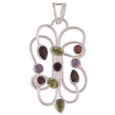 Beautiful Cluster of Gemstone Amethyst,Garnet,Peridot,Smoky Topaz Irregular Shape 925 Sterling Solid Silver Pendant - R8400054-9