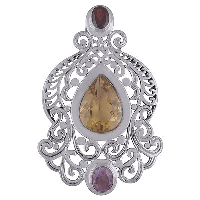 Stunning Handmade Work Around Amethyst,Garnet,Lemon Topaz Pear,Oval Shape 925 Sterling Solid Silver Pendant - R8400055-14