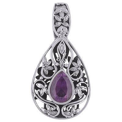 Stunning Flower Work Around Amethyst Pear Shape 925 Sterling Solid Silver Pendant - R8400055-16