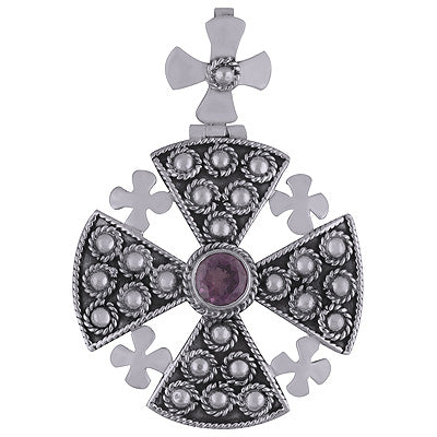 Vintage Handwork Around Multiple Gemstones Amethyst Round Shape 925 Sterling Solid Silver Pendant - R8400055-2