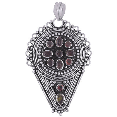 Authentic Handwork Around Multiple Gemstones Amethyst,Garnet,Peridot,Smoky Topaz Irregular Shape 925 Sterling Solid Silver Pendant - R8400055-5