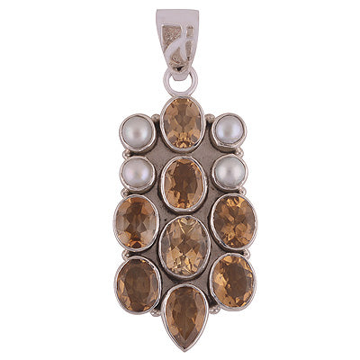 Artistic Gemstones Cluster Citrine,Pearl Irregular Shape 925 Sterling Solid Silver Pendant - R8400058-19