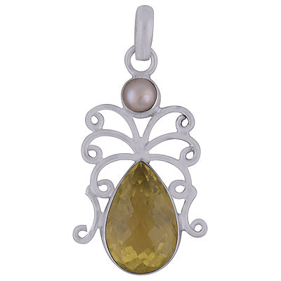 Beautiful Two Stone Wire Work Around Pearl,Lemon Topaz Irregular Shape 925 Sterling Solid Silver Pendant - R8400059-1