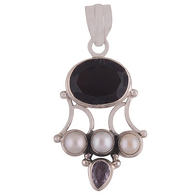 StylishFiveStoneDesigned Amethyst,Smoky Topaz,Pearl Irregular Shape 925 Sterling Solid Silver Pendant - R8400059-15