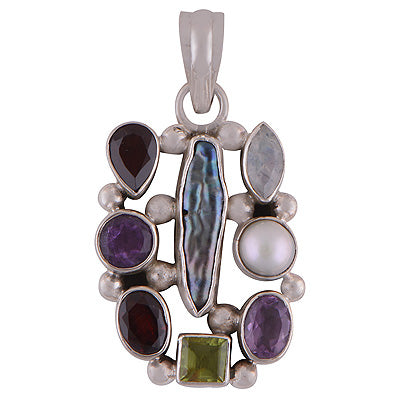 Stunning Cluster of Gemstones Shell,Amethyst,Garnet,Peridot,Rainbow Moonstone,Pearl Irregular Shape 925 Sterling Solid Silver Pendant - R8400059-2