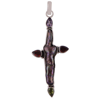 Gorgeous Cluster of Gemstones Shell,Amethyst,Garnet,Peridot Irregular Shape 925 Sterling Solid Silver Pendant - R8400059-7