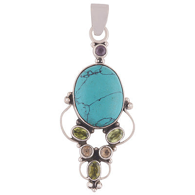 GorgeousGestonesCluster Turquoise,Peridot,Citrine Round,Oval Shape 925 Sterling Solid Silver Pendant - R8400060-16