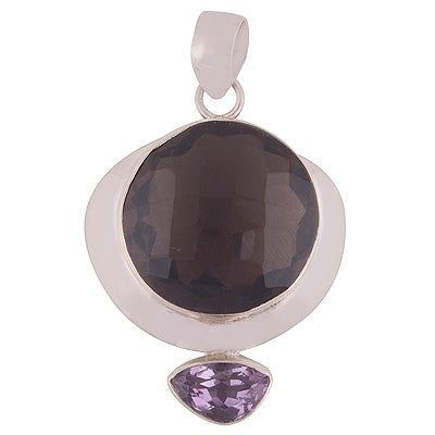 Beautiful Two Stone Amethyst,Smoky Topaz Irregular Shape 925 Sterling Solid Silver Pendant - R8400061-9