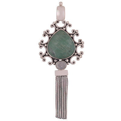 GorgeousTasselsAround Rainbow Moonstone,Green Aventurine Heart,Oval Shape 925 Sterling Solid Silver Pendant - R8400063-11