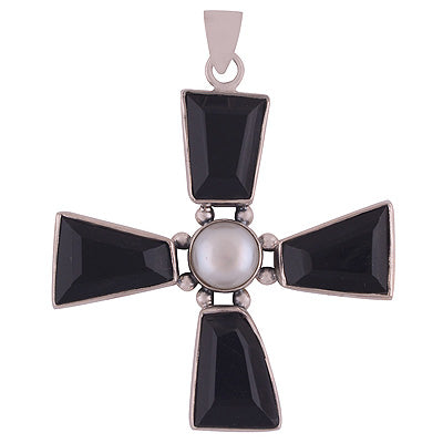 StunningFlowerInsired Pearl,Black Onyx Irregular Shape 925 Sterling Solid Silver Pendant - R8400063-13
