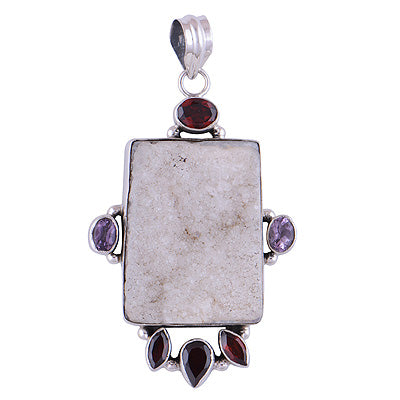 Gorgeous Gemstones Around Druzy,Amethyst,Garnet Irregular Shape 925 Sterling Solid Silver Pendant - R8400063-2