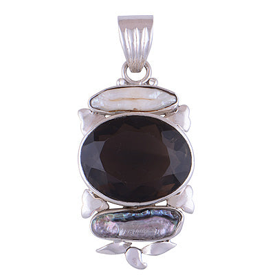 Stunning Three Gemstones Shell,Smoky Topaz Irregular Shape 925 Sterling Solid Silver Pendant - R8400063-4