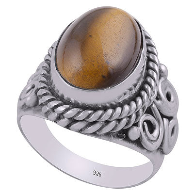 Stunning Twisted Wire Work Around Tiger's Eye Oval Shape 925 Sterling Solid Silver Ring - R8900005-17