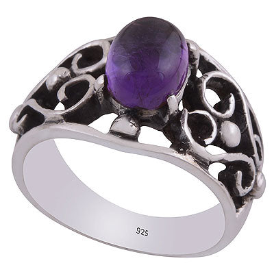 Beautiful Oxidised Pattern Around Amethyst Oval Shape 925 Sterling Solid Silver Ring - R8900006-1