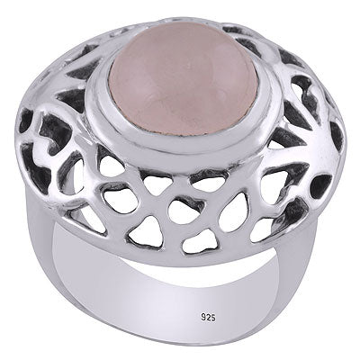 Beautiful Jali Cut Work Around Rose Quartz Round Shape 925 Sterling Solid Silver Ring - R8900006-18