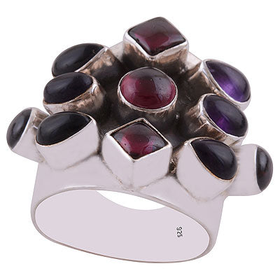Beautiful Gemstone Pattern Amethyst, Garnet, Black Onyx 925 Sterling Solid Silver Ring - R8900009-11