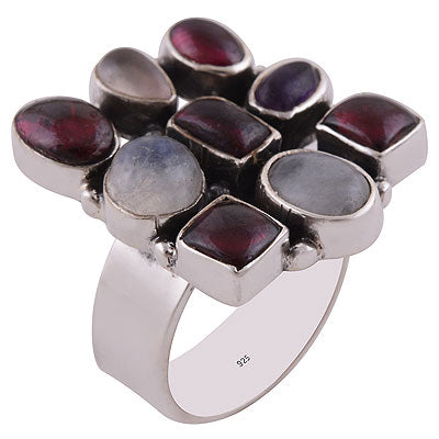 Beautiful Multi Gemstone Pattern Amethyst, Garnet, Rainbow Moonstone, Rose Quartz 925 Sterling Solid Silver Ring - R8900009-13
