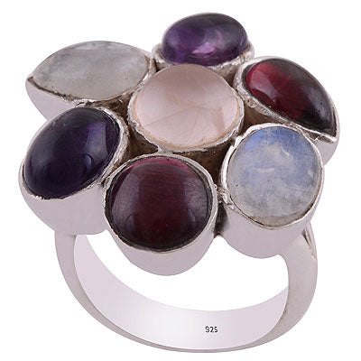Gorgeous Flower Gemstone Amethyst, Garnet, Rainbow Moonstone, Rose Quartz 925 Sterling Solid Silver Ring - R8900009-15