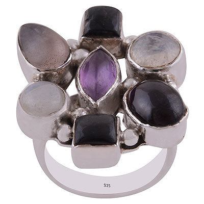 Gorgeous Multi Gemstone Amethyst, Garnet, Rainbow Moonstone, Rose Quartz, Black Onyx Multi Shapes 925 Sterling Solid Silver Ring - R8900009-22