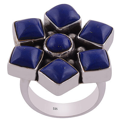 Stunning Flower Pattern Lapis Round,Square Shape 925 Sterling Solid Silver Ring - R8900010-6