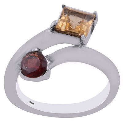 Stunning Multicoloured Gemstone Around Garnet,Citrine Round,Rhombus Shape 925 Sterling Solid Silver Ring - R8900017-12