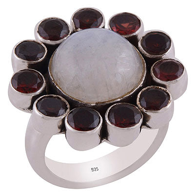 Beautiful Combination of Gemstone Garnet,Rainbow Moonstone Round Shape 925 Sterling Solid Silver Ring - R8900018-8