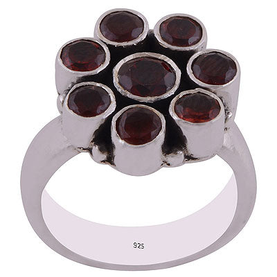 Stunning Flower Loaded with Gemstones Garnet Round Shape 925 Sterling Solid Silver Ring - R8900019-4