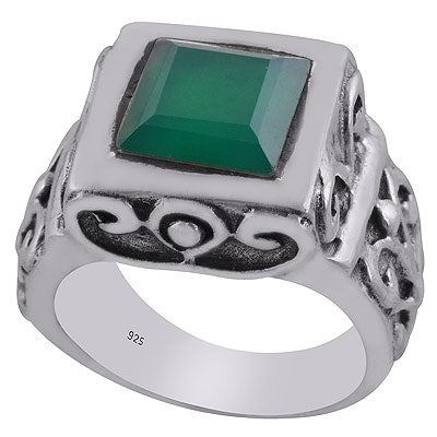 Stunning Oxidised Handcrafted Work Around Green Onyx Square Shape 925 Sterling Solid Silver Ring - R8900020-19