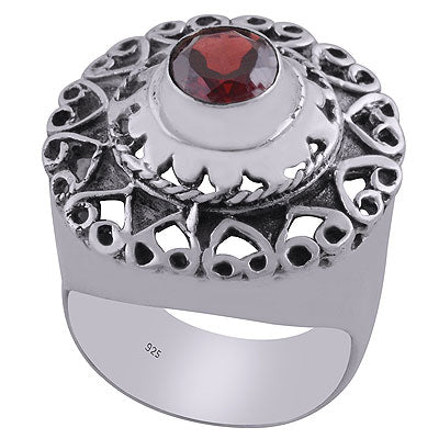 Alluring Oxidised Cut Work Around Garnet Round Shape 925 Sterling Solid Silver Ring - R8900020-6