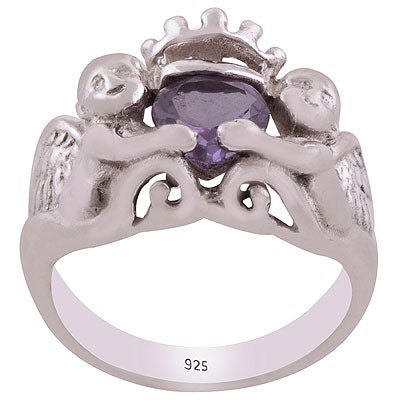 Beautiful Baby Angel Holding Around Amethyst Heart Shape 925 Sterling Solid Silver Ring - R8900021-3