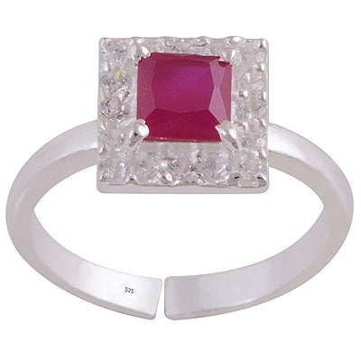 Stunning Gemstone Studded Around Red Corundum,White Cubic Zirconia Square & Round Shape 925 Sterling Solid Silver Toe Ring - R9400145-1