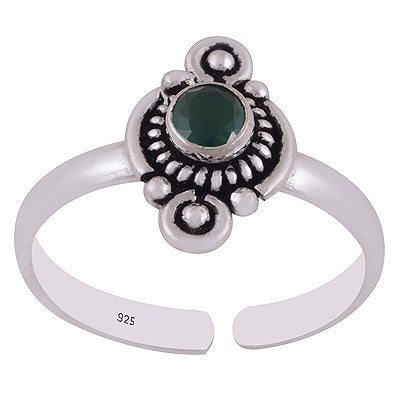 Beautiful Oxidised Rawa Work Around Green Corundum Round Shape 925 Sterling Solid Silver Toe Rings - R9400153-2