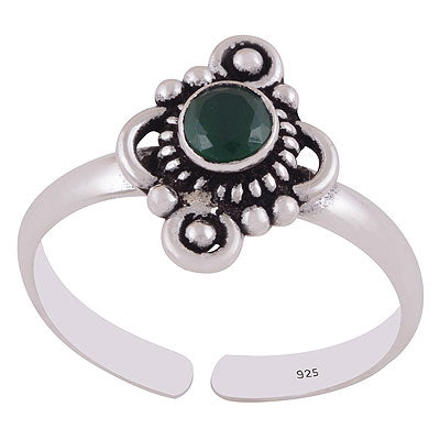 Gorgeous Oxidised Work Around Green Corundum Round Shape 925 Sterling Solid Silver Toe Rings - R9400154-2