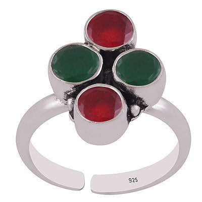 Beautiful Multiple Gemstone Green Corundum,Red Corundum Round Shape 925 Sterling Solid Silver Toe Rings - R9400155-2