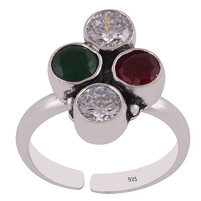 Beautiful Multiple Gemstone Green Corundum,Red Corundum,White Cubic Zirconia Round Shape 925 Sterling Solid Silver Toe Rings - R9400155-3