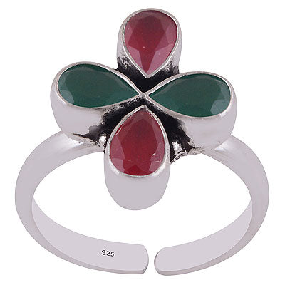 Gorgeous Oxidised Work Around Green Corundum,Red Corundum Pear Shape 925 Sterling Solid Silver Toe Rings - R9400156-2