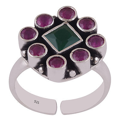 Stunning Flower made of Gemstones Green Corundum,Red Corundum Round & Rhombus Shape 925 Sterling Solid Silver Toe Rings - R9400158-3