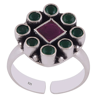 Stunning Flower made of Gemstones Green Corundum,Red Corundum Round & Rhombus Shape 925 Sterling Solid Silver Toe Rings - R9400158-4
