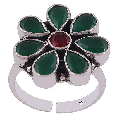 Alluring Oxidised Handcrafted Work Around Green Corundum,Red Corundum Pear & Round Shape 925 Sterling Solid Silver Toe Rings - R9400159-2